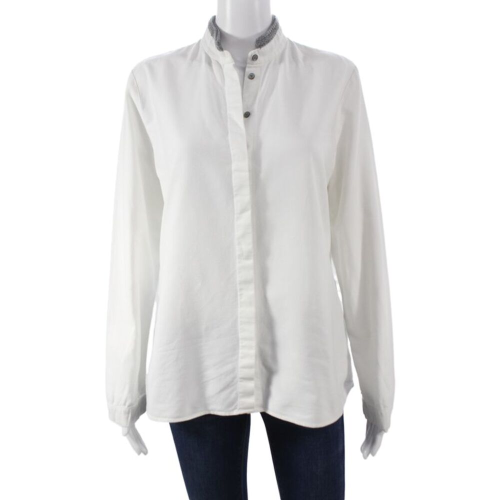 Van Laack Women Button-Up Blouse White Cotton Mock Neck Longsleeve Size 40